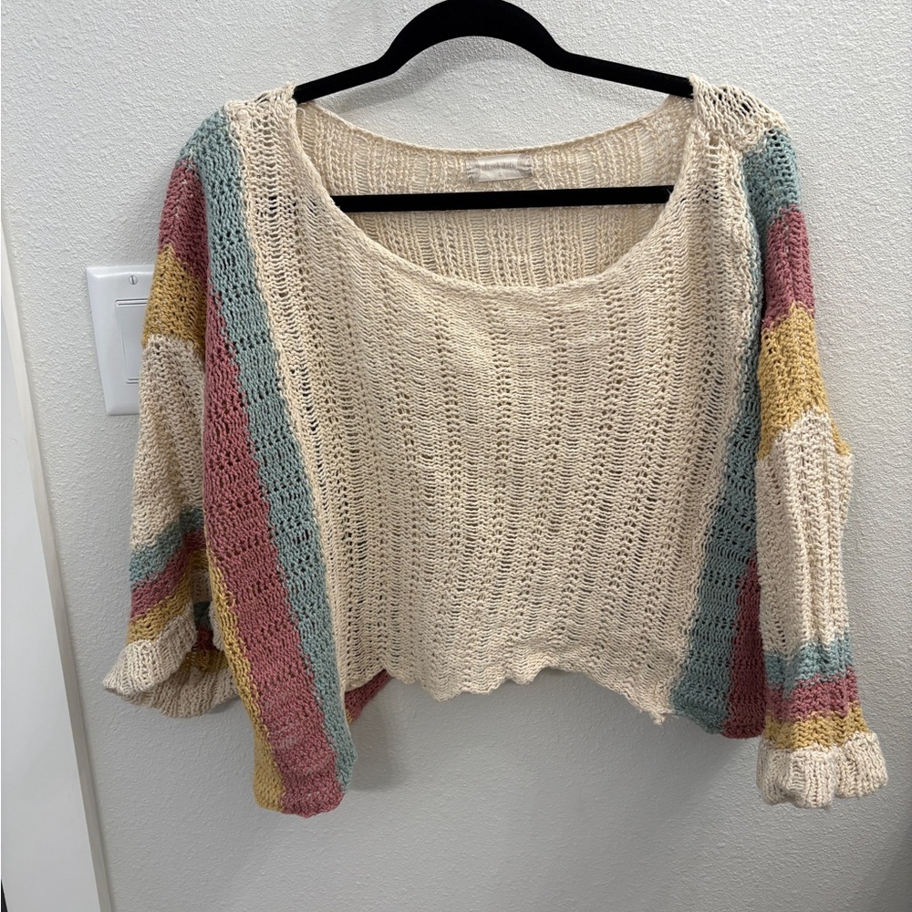 Altar'd State Cream and Pink Crew Neck Sweater